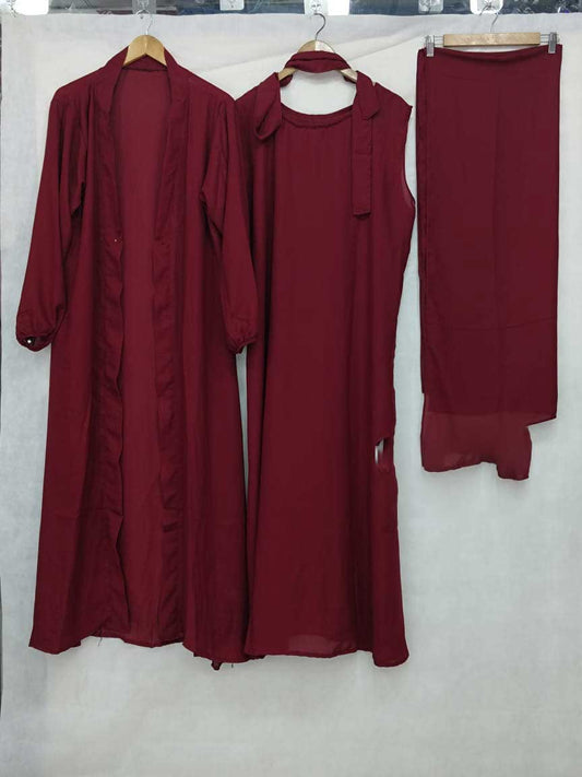 (4 piece)Inner Gown Abaya with scarf and belt - MEHROON