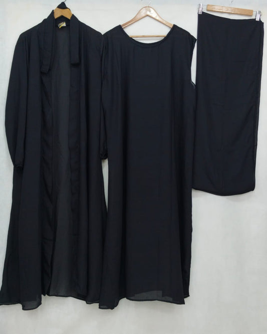 (4 piece)Inner Gown Abaya with scarf and belt - Black