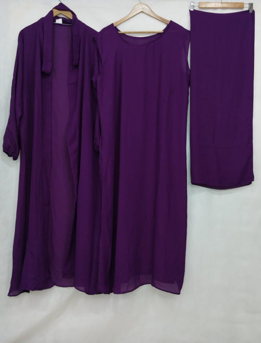 (4 piece)Inner Gown Abaya with scarf and belt - Purple