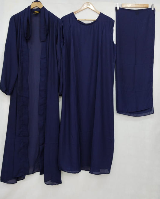 (4 piece)Inner Gown Abaya with scarf and belt - Navy Blue