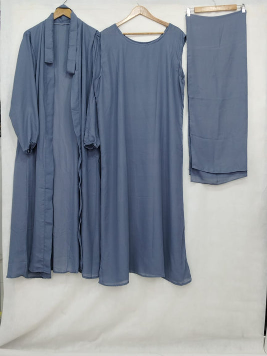 (4 piece)Inner Gown Abaya with scarf and belt -Grey